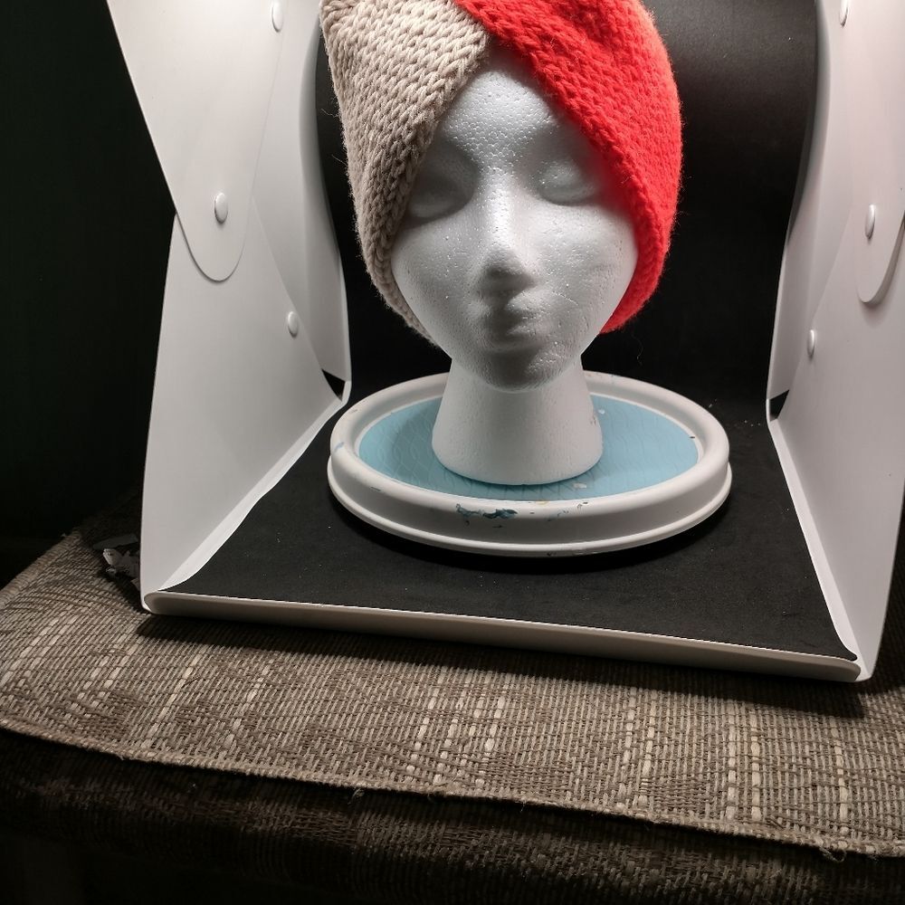 Hand Crafted Knit Unisex Hat Winter Ear Warmer Headbands Red Tan Knit